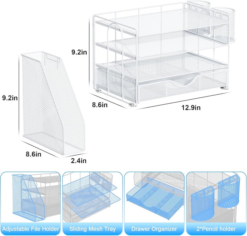 gianotter Desk Organizers and Accessories with File Holder, 4-Tier Desk Accessories & Workspace Organizers with Drawer and 2 Pen Holder, Paper Organizer for Office Supplies (White) - Image 5